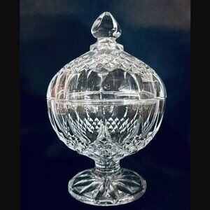 Longchamp Cut Crystal Footed Candy Dish w Lid Clear Geometric Pattern VTG '80s